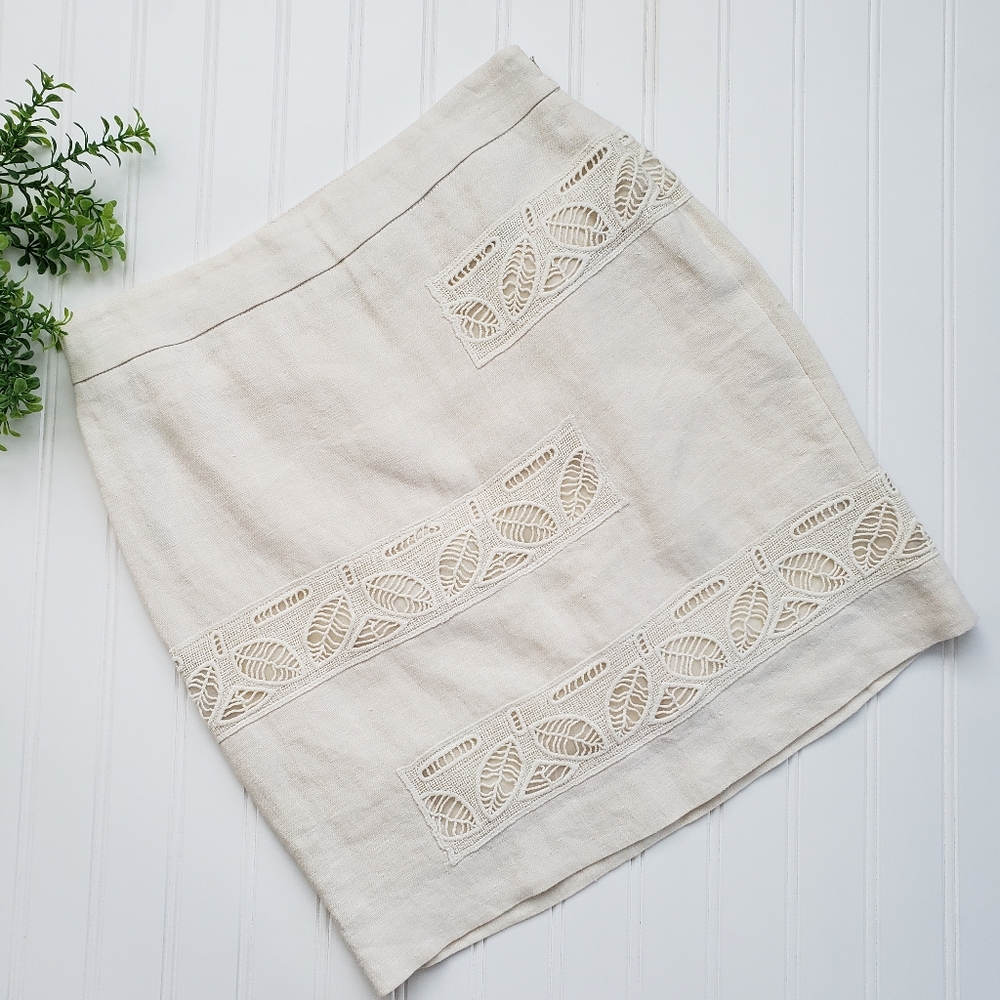 Anthropologie Moulinette Soeurs Skirt Linen Cream Crochet size 2 Boho Office